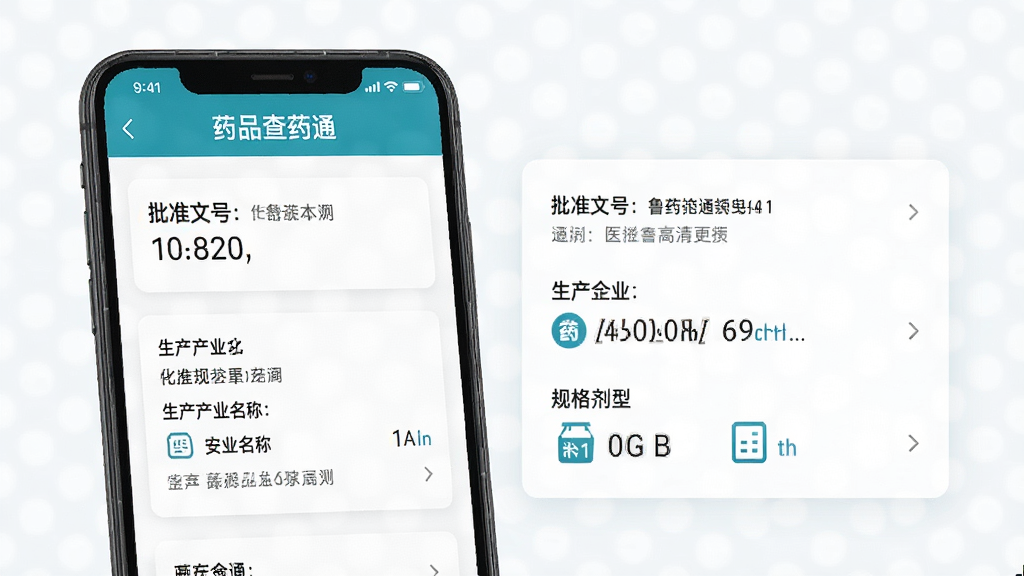 鲁药通药品查询功能界面,主体为手机屏幕展示药品详情页,布局为卡片式信息排列,排版左图右文,风格为清爽医疗风格,细节包含批准文号字段、生产企业名称、规格剂型图标,画质清晰,干净,无多余元素