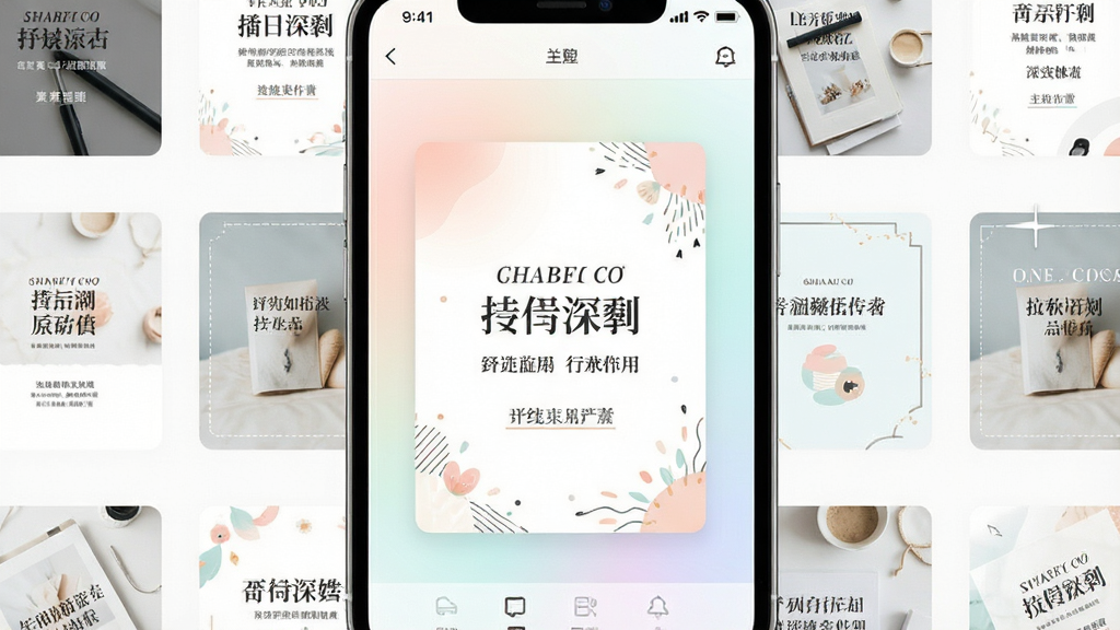 一张手机屏幕展示文案卡片软件主界面,画面中央是正在编辑的图文卡片,卡片上有精致的文字排版和装饰元素,背景是柔和的渐变色,周围环绕着多种模板缩略图,整体风格清新简约,画质清晰,干净无多余元素