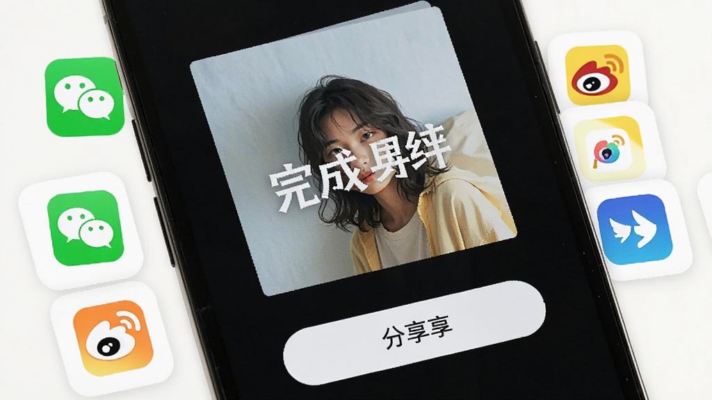 文案卡片导出分享界面,手机屏幕上显示一张已完成的高清卡片作品和分享按钮,周围有微信、微博等社交平台图标,背景明亮简洁,画质清晰,干净无多余元素