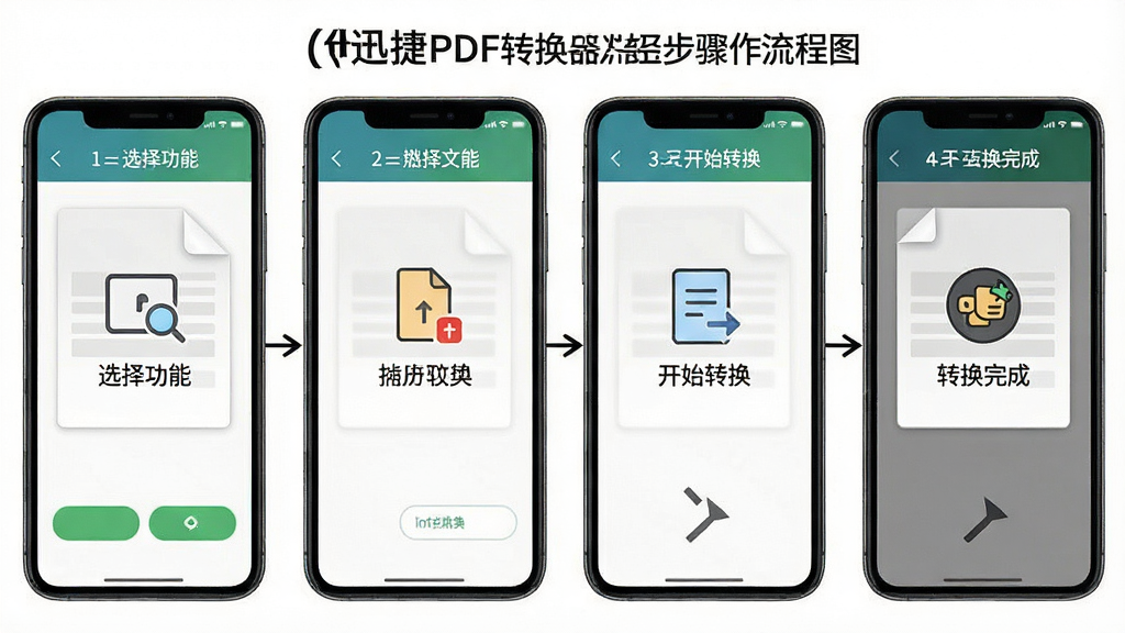 一张展示迅捷PDF转换器在手机上操作步骤的流程图,画面为手机屏幕依次展示选择功能、导入文件、开始转换、转换完成四个步骤,布局为横向四格排列,风格清晰直观,细节上每个步骤配有简洁图标和文字说明,画质高清,画面干净,无多余元素
