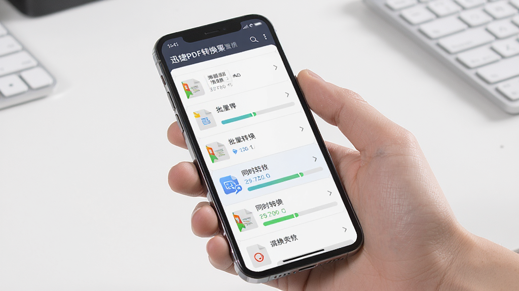 一张展示迅捷PDF转换器批量处理功能的场景图,画面中手机屏幕上显示多个文件列表和进度条,布局为纵向列表式,风格高效简洁,细节上体现批量导入、同时转换的操作流程,画质高清,画面干净,无多余元素