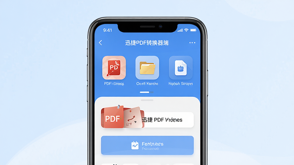一张展示迅捷PDF转换器手机端主界面的产品展示图,画面中央放置一部智能手机,手机屏幕上清晰显示迅捷PDF转换器的功能图标与操作界面,背景为干净的浅蓝色渐变,布局采用居中构图,风格简洁商务,细节上突出PDF转换、文件管理等核心功能按钮,画质高清,画面干净,无多余元素