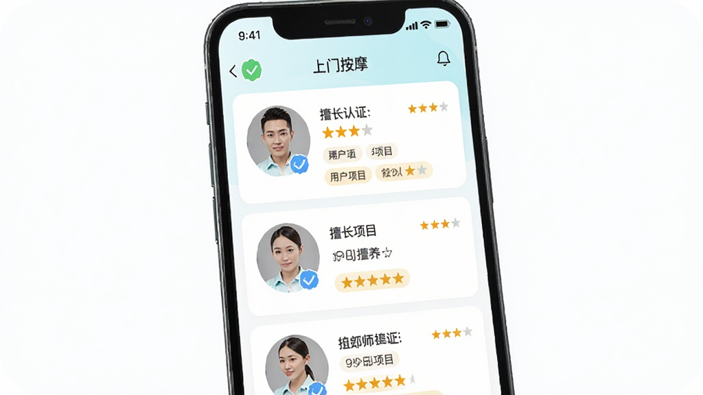 һ��չʾ�������Ű�ĦAPP��ʦ�б�ҳ���ͼƬ������Ϊ�ֻ���Ļ����Ļ����ʾ��λ��ʦ�ĸ������Ͽ�Ƭ������ͷ�����֡��ó���Ŀ��ǩ������Ϊ�����б��Ű棬���������ͣ�ϸ����ͻ����ʦ��֤��ʶ���û������Ǽ�����������������ɾ����޶���Ԫ�ء�