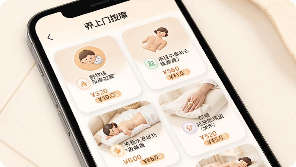 һ��չʾ�������Ű�ĦAPP������Ŀѡ��ҳ���ͼƬ������Ϊ�ֻ���Ļ����Ļ�ڳ��ֶ����Ħ������Ŀ��Ƭ��ÿ����Ƭ����ͼ�������˵��������Ϊ����״���У������ܰ���ʣ�ϸ����ͻ����Ŀ���������ͼ۸�͸�������ʸ��壬����ɾ����޶���Ԫ�ء�