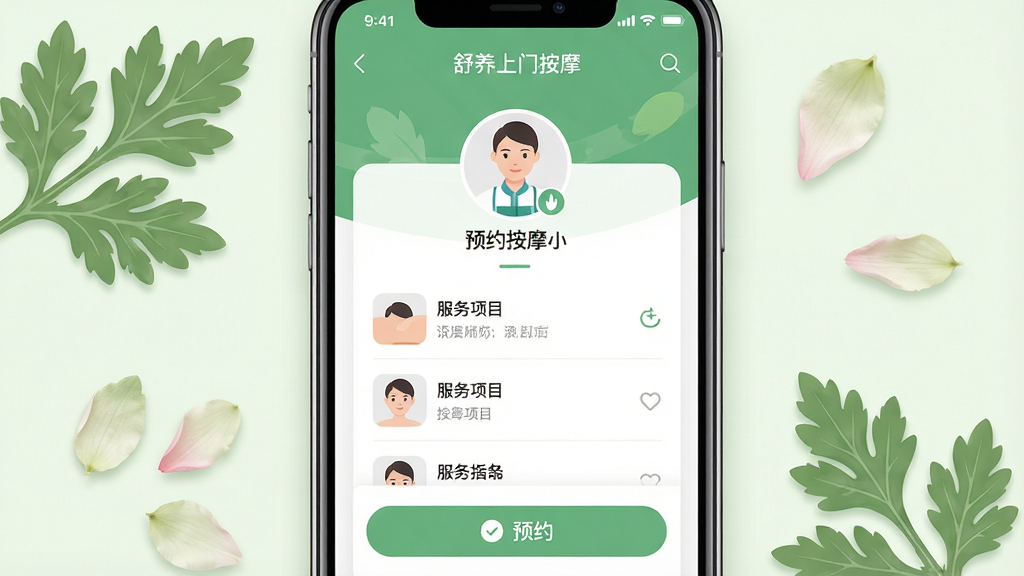 һ��չʾ�������Ű�ĦAPP��ҳ�Ľ����ͼ����������Ϊ�ֻ���Ļ����Ļ�ڳ���ԤԼ��Ħ���������棬������ʦͷ�񡢷�����Ŀ�б���ԤԼ��ť�����ֲ��þ����Ű棬�ֻ���Χ��׺����ɫ����Ԫ���簬�ݡ����ꡣ���Ϊ�ִ���Լ��ƽ����ƣ�ϸ����ͻ������UI�ľ��¸кͲ�������ԡ����ʸ��壬����ɾ����޶���Ԫ�ء�