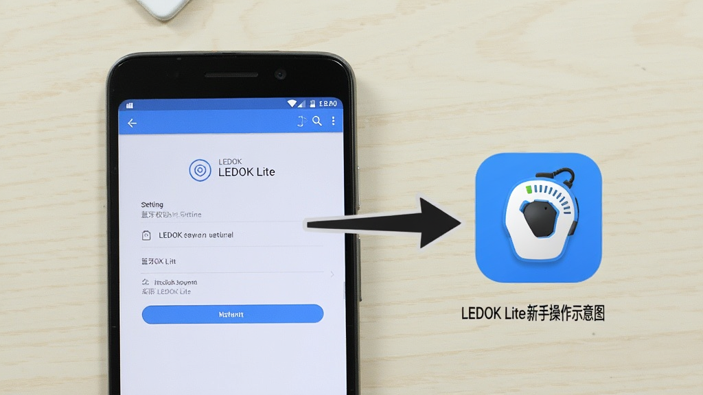 LEDOK Lite���ֲ���ʾ��ͼ��һ����׿�ֻ���ʾ����Ȩ������ҳ�棬�Ա��м�ͷָ��LEDOK Lite�İ�װͼ�꣬����Ϊǳɫ���棬��������죬ϸ�����������ʸɾ����޶���Ԫ��