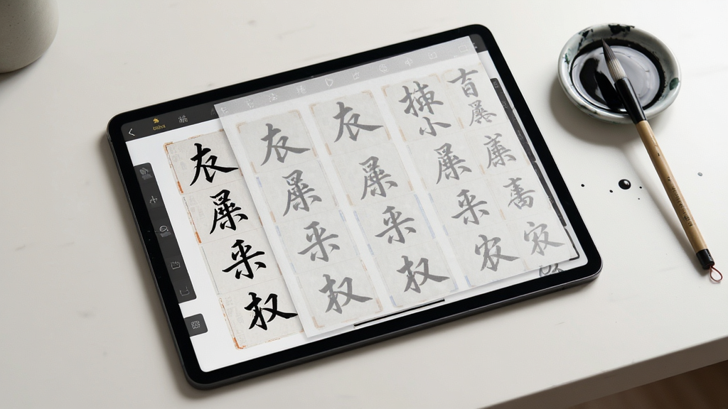 �鷨����APP��Ļ��ġģʽչʾ������Ϊƽ�����ƽ���������ϣ���Ļ����ʾ��͸�����鷨�������ݣ��Ϸ�����һ����ġֽ������Ϊ���ӽǶȣ����Ϊʵ�ý�ѧ�磬ϸ�ڰ���ƽ���Է���һ֧ë�ʺ�ī��������������ͣ������������޶���Ԫ��
