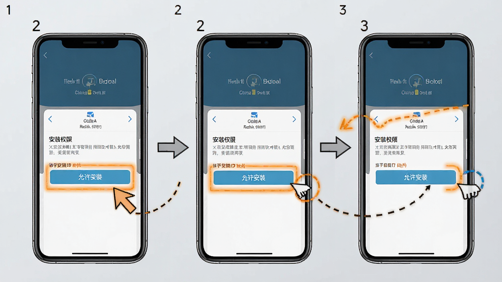 �鷨����APP��װ����ʾ��ͼ������Ϊ�ֻ���Ļչʾ��װȨ�����ý��棬����Ϊ�ֲ���ͼ���У����Ϊ�̳�ָ���磬ϸ�ڰ���������ע��������װ����ť����ͷָʾ����·��������Ϊǳ��ɫ�������������޶���Ԫ��