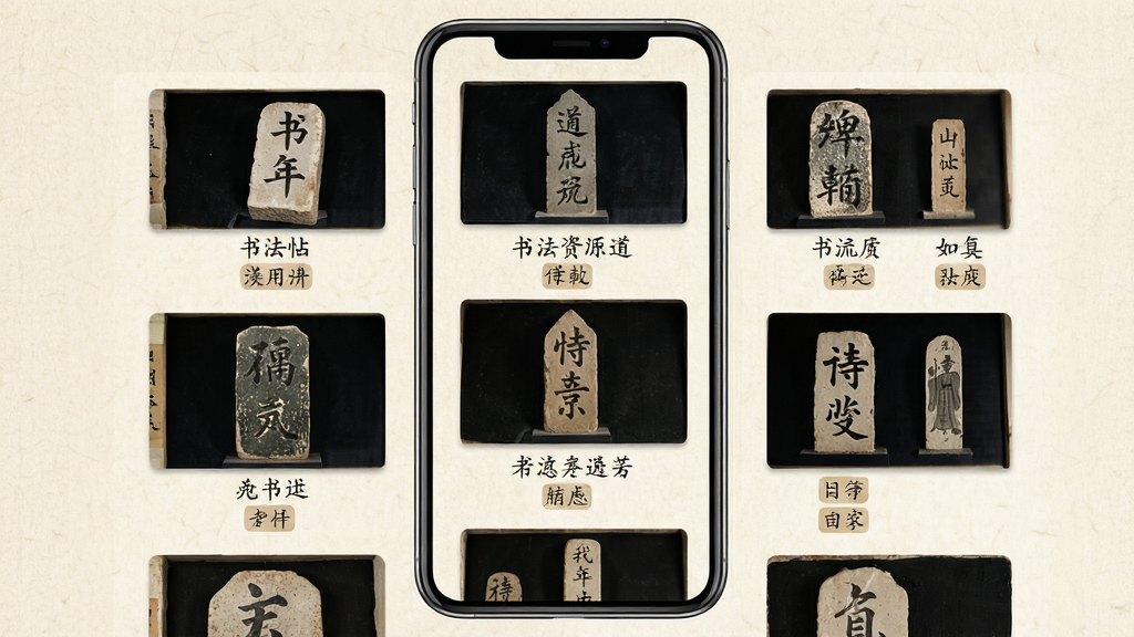 �鷨����APP������Դ����棬����Ϊ�ֻ���Ļչʾ����Ļ�г�������״���еĹŴ��鷨��������ͼ���������룬�Ű�Ϊ�����ٲ��������Ϊ�ŵ����·磬ϸ�ڰ���ÿ������ͼ�·���ע���������������ǩ������Ϊǳ��ɫ��ֽ���������ʸ��壬�ɾ����࣬�޶���Ԫ��