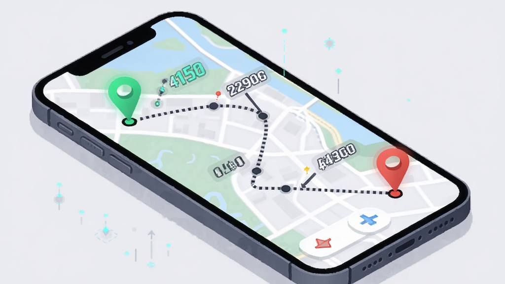 һ��Fake Location·��ģ�⹦��ʾ��ͼ������չʾһ���ֻ���Ļ�ϵĵ�ͼ���棬��ͼ����һ���ɶ��Բ�����ɵ�����·����·�������յ�ֱ�����ɫ�ͺ�ɫ��ǣ�·���Ա����ٶ���ֵ�ͺ��θ߶ȵ�С��ǩ��������Ϊ��ˬ�ĿƼ��廭�磬����Ϊǳ��ɫ������������2K