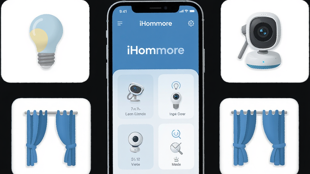 һ��չʾ iHommore ���ܼҾ�Ӧ�ý���ĳ���ͼ������������һ�������ֻ�����Ļ��������ʾ iHommore �Ŀ�����壬��Χ���������ܵ��ݡ��������䡢��������ͷ�����ܴ������豸ͼ�꣬���ü���ִ��ı�ƽ�����ɫ������ɫ�Ͱ�ɫΪ�������־��У�����ɾ����࣬�޶���Ԫ�أ����廭��