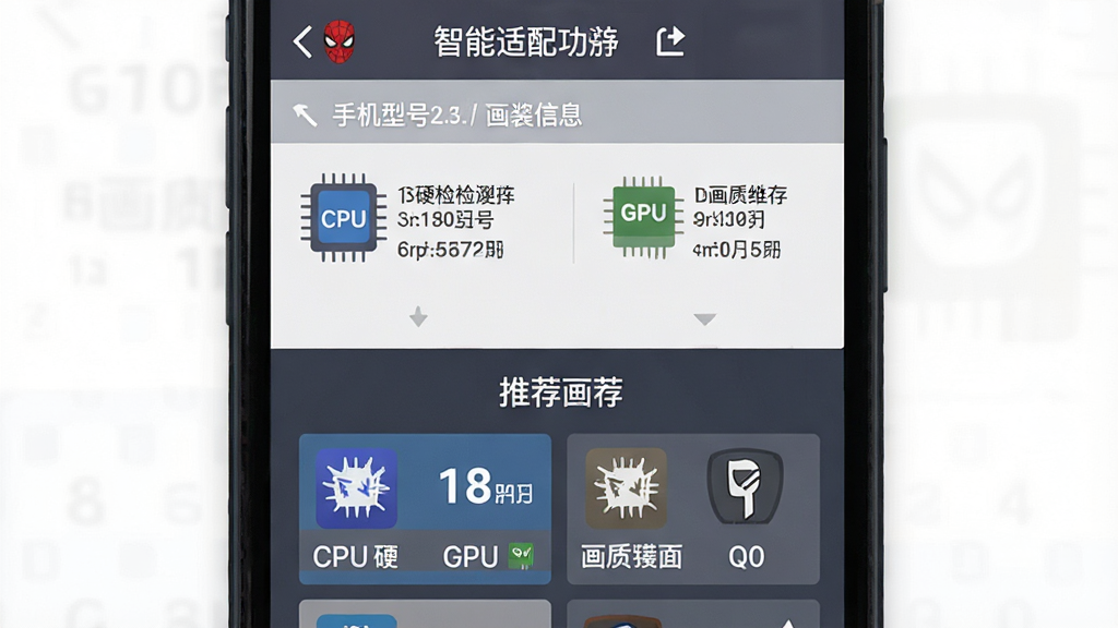 一张展示漫威蜘蛛侠2手游仿制版安装器智能适配功能的图片,主体为手机屏幕显示硬件检测与画质推荐界面,布局为上下分栏结构,上方显示手机型号与配置信息,下方显示推荐画质选项,风格为扁平化设计,细节包含CPU、GPU、内存等图标,画质高清,干净,无多余元素