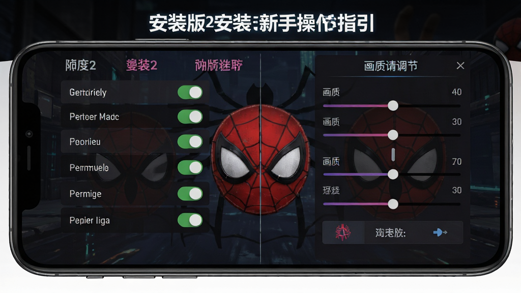 一张展示漫威蜘蛛侠2手游仿制版安装器新手操作指引的图片,主体为手机屏幕显示游戏设置界面与权限管理页面,布局为左右对比结构,左侧为权限开关列表,右侧为画质调节滑块,风格为暗色科技风,细节包含蜘蛛侠标志水印,画质高清,干净,无多余元素