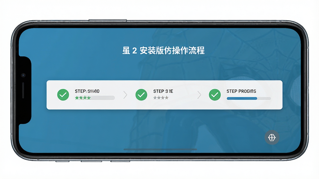 一张展示漫威蜘蛛侠2手游仿制版安装器操作流程的图片,主体为手机屏幕显示三步安装引导界面,布局为横向排列的步骤条,风格为极简清新设计,细节包含勾选图标与进度指示,画质高清,干净,无多余元素