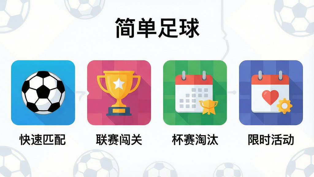 һ�ű�ƽ����Ϣͼ����棬����Ϊ�ĸ����ŵ���Ϸģʽ���ͼ�꣬�ֱ��������ƥ�䡢�������ء�������̭����ʱ���ͼ���Ϸ��С����������ֱ�ʶ������Ϊ�������У����Ϊ�ִ���ԼUI��ϸ�ڰ���ͼ���ڵ����򡢽�����������Ԫ�أ�ɫ�����죬�����������޶���Ԫ��