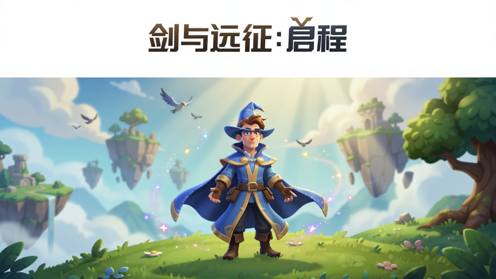画面中央展示《剑与远征:启程》游戏主界面,主体为一位身披蓝色斗篷的魔法师梅林站在绿意盎然的山丘上,远处有漂浮的岛屿和金色阳光穿透云层。布局采用上下分层,上方留白放置游戏标题“剑与远征:启程”,下方为角色与风景。排版居中对称,风格为3D奇幻卡通渲染,细节包括飘动的衣角、闪烁的魔法光尘、远处的飞鸟与树木纹理。画质高清,干净,无多余元素