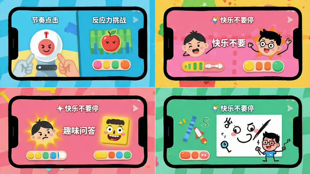 һ��չʾ���ֲ�ҪͣӦ���ڶ���Ȥζ�淨��ƴ�����ͼƬ������Ϊ�ĸ����ŵ��ֻ���Ļ���ֱ�չʾ����������Ӧ����ս��Ȥζ�ʴ�ʹ���Ϳѻ���ֽ��棬���ֲ����������е������Ű棬���Ϊ������õĿ�ͨ��ƽ�磬ϸ�ڰ������޵�ɫ�顢Բ��İ�ť�ͼ��������飬���ʸ��壬����ɾ����޶���Ԫ�أ�ÿ����Ļ�д��С����ֲ�Ҫͣ�����ֱ�ʶ