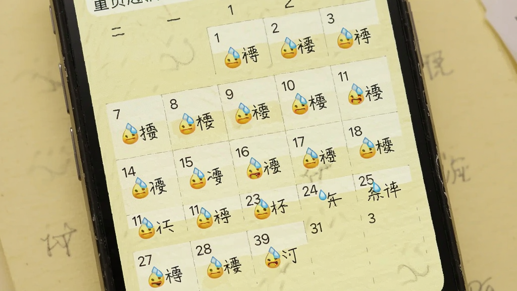 手机屏幕显示一个日历界面,每一天格子里有一个小汗滴表情图标,旁边有简短文字;背景为淡黄色纸质纹理,布局为竖版手机界面展示,风格为简约手账风,细节上日历数字清晰,画质高清干净,无多余元素