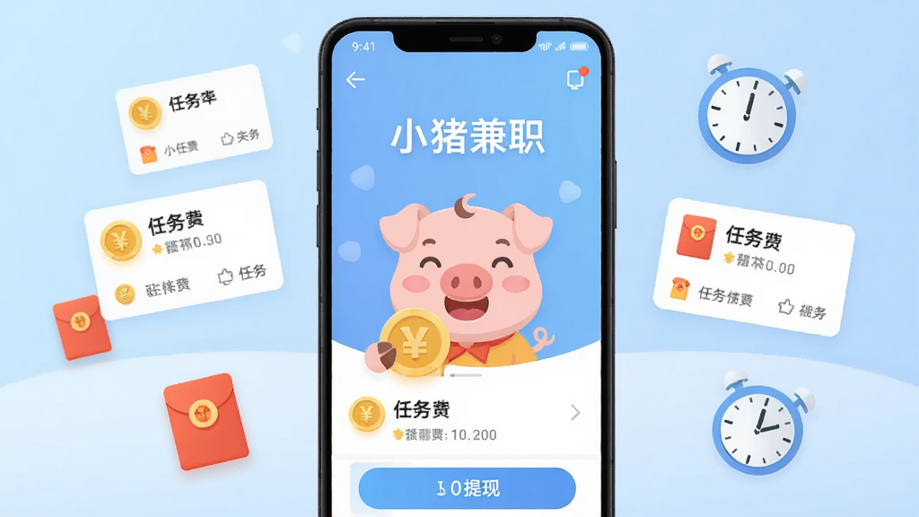 一张安卓手机屏幕展示小猪兼职APP主界面,画面中央有可爱的卡通小猪吉祥物手持金币,背景是淡蓝色渐变,手机周围漂浮着任务卡片、红包图标和时钟元素,布局简洁居中,风格清新扁平化,细节上体现任务列表和提现按钮,画质清晰干净,无多余元素