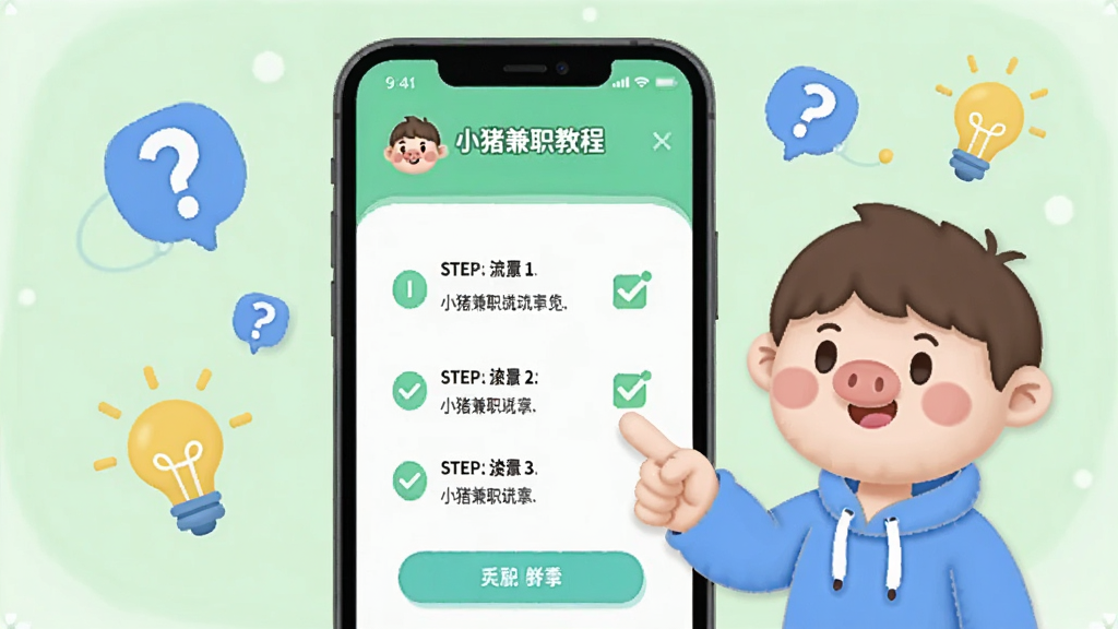 画面中央是手机屏幕显示小猪兼职APP的新手教程页面,屏幕旁边有一位卡通人物用手指着屏幕上的步骤说明,背景是柔和的浅绿色,周围漂浮着问号图标和灯泡图标,布局左右分栏,风格亲和友善,细节上体现步骤序号和勾选标记,画质清晰干净无多余元素