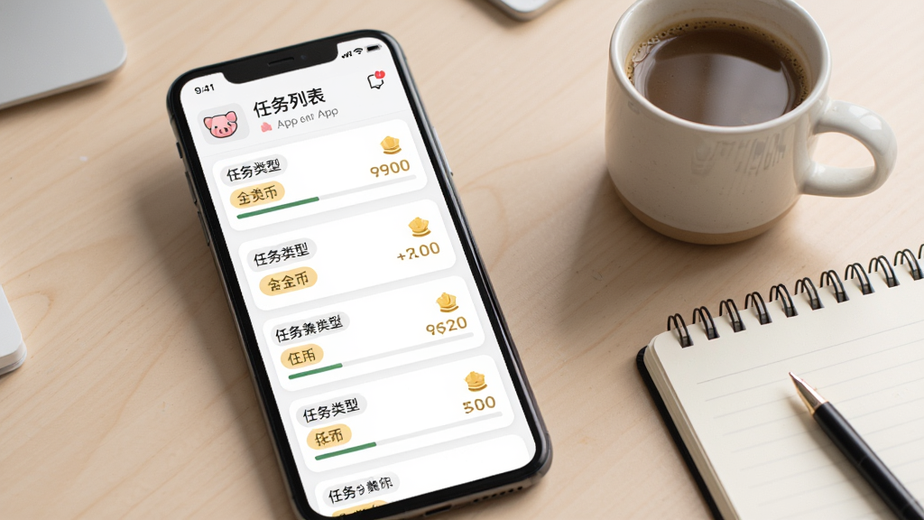 画面展示小猪兼职APP的任务列表页面,屏幕中罗列着多条任务卡片,每张卡片上标注了任务类型和金币数额,背景是浅色系工作台桌面,旁边有一杯咖啡和记事本,整体布局整洁有序,风格现代简约,细节上体现任务标签和进度条,画质清晰干净无多余元素