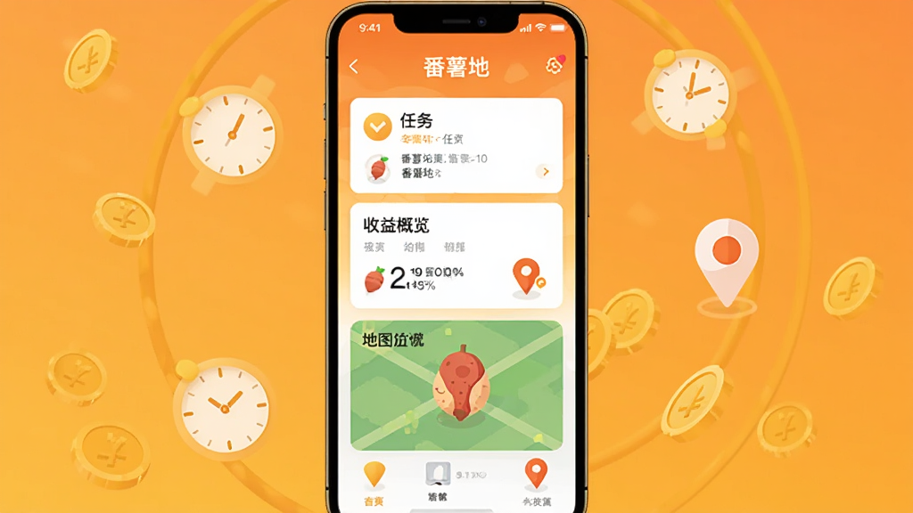 �ֻ���Ļ����չʾ�������ء�APP��ҳ���棬�������������б��������������ͼ��λ��ģ�飬����Ϊ��ů�ĳȻ�ɫ���䣬��Χ�����Ž�ҡ�ʱ�ӡ���λͼ���Ԫ�أ������������죬��ƽ����ƣ����������ɾ����޶���Ԫ��