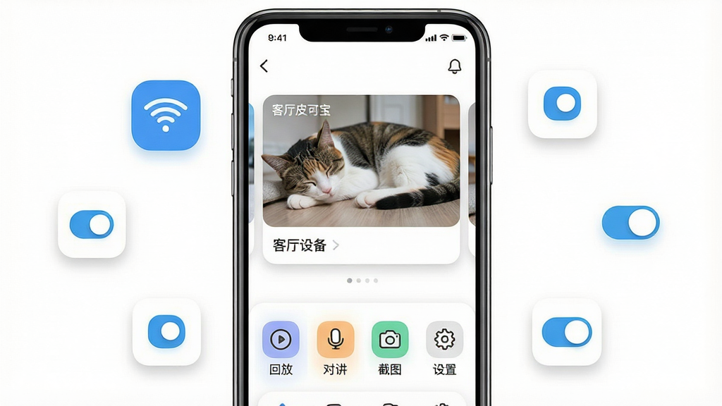 һ��չʾƤ�ɱ�App�ƶ��˲��������ͼƬ��������һ���ֻ�������ʾƤ�ɱ�App����ҳ����ҳ�Ϸ����豸�б���Ƭ����Ƭ����ʾ��������ͷ��ʵʱ���棬������һֻè������˯�����·��ǹ��ܰ�ť���������طš����Խ�������ͼ�������á���ͼ�꣬�ֻ���ΧƯ����Wi-Fi�ź�ͼ���Ȩ�޿���ͼ�꣬����Ϊ�ֻ����У�ͼ�껷�ƣ����Ϊ��ƽ��UI��Ʒ磬ϸ�ڰ���ͼ���Բ�ǡ���Ƭ����Ӱ������������ȣ����ʸ��壬�ɾ����࣬�޶���Ԫ��