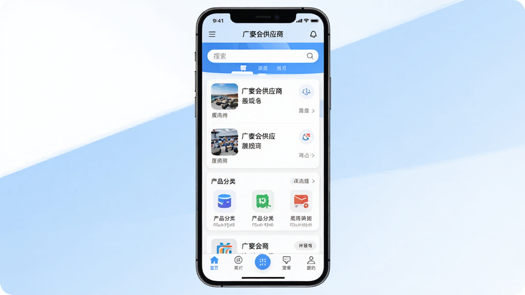 �㽻�ṩӦ��APP������չʾͼ������������һ�������ֻ�����Ļ��ʾ���㽻�ṩӦ�̡�Ӧ����ҳ������չ���б�����Ʒ���ࡢ������͵ײ�������������Ϊ���İ�ɫ��ǳ��ɫ�������Ϊ�ִ������ƽ����ƣ�ϸ������չʾӦ��ͼ��ͽ���Ԫ�أ����ʸ���ɾ��޶���Ԫ��