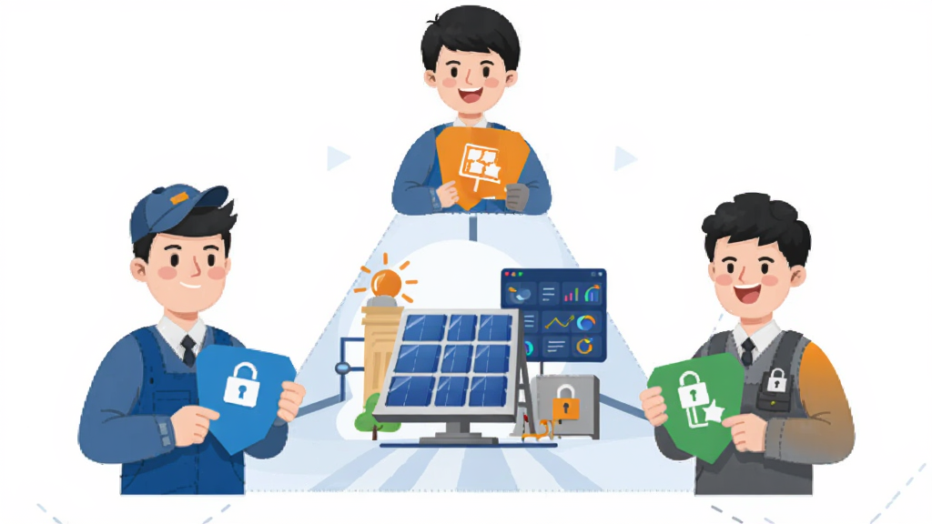 ��������Ϊ����Solar���ɫȨ�޹���ʾ��ͼ��չʾҵ������װ�̡���ά��������ͨ����Χ��ͬһ�����վͼ�ꣻ����Ϊ�����ι�ͼ�������ֲֳ�ͬ��ɫȨ�޿�Ƭ�����Ϊ�����ƽ�廭�����ҳ���ɫ��ϸ�ڰ�������ͼ�������ݿ��壻���ʸ��壬�ɾ����޶���Ԫ�ء�