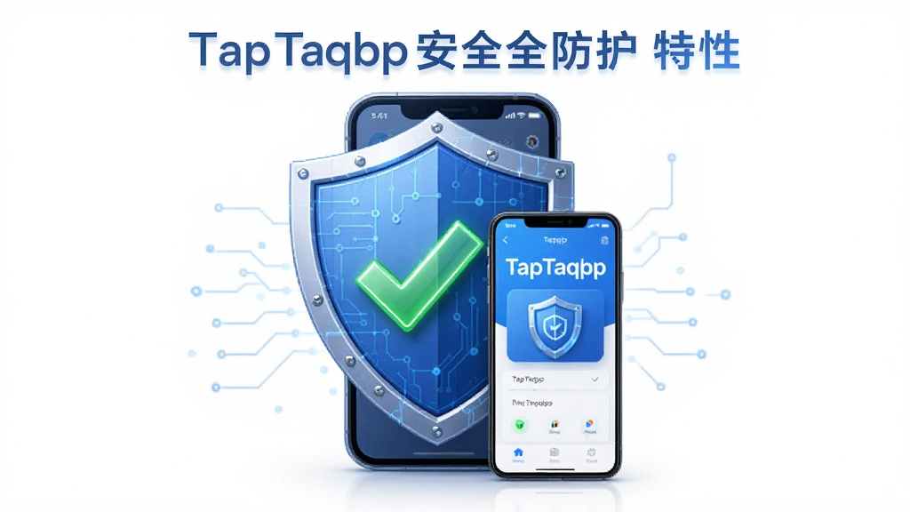 һ��չʾTapTaqbp��ȫ�������Ե�����ͼ��������һ������ͼ�����ֻ���ϣ�����Ϊ�������ֻ�ǰ�����Ű���д��������Ϊ��ȫ�����Ƽ��磬ϸ�ڰ�����ɫ���ơ���ɫ�Թ����ֻ���Ļ��ʾTapTaqbp���棬���ʸ��壬�ɾ����޶���Ԫ��