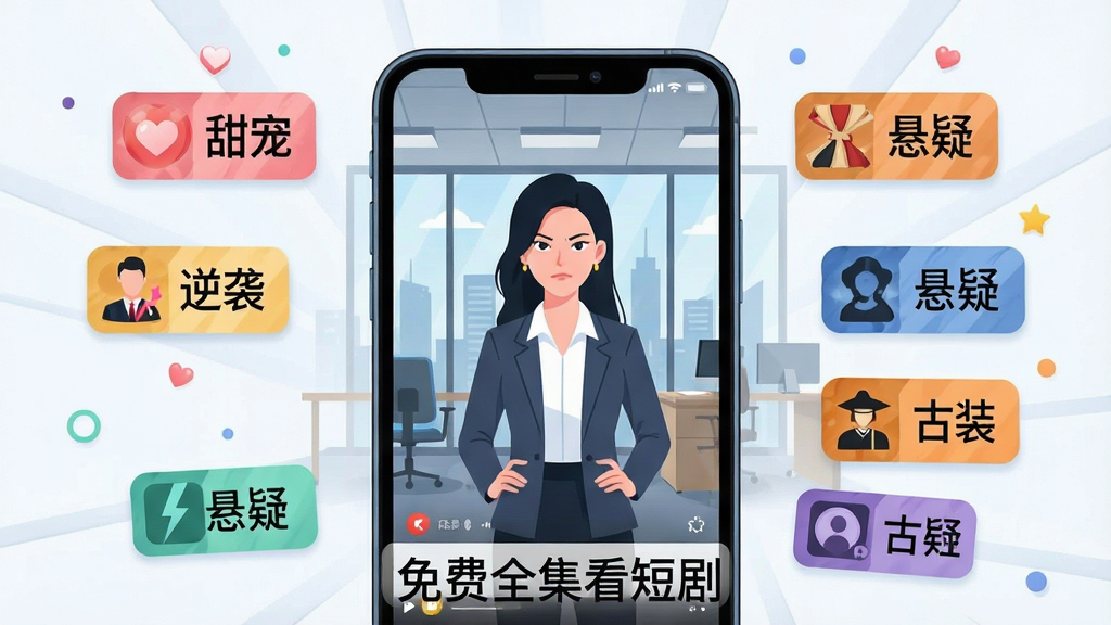 һ��AI���ɵ�ͼƬ��������һ���޴���ֻ���Ļ����Ļ�����ڲ��Ŷ̾续�棬������һλ�ִ�����Ů��վ�ڰ칫���б���ᶨ����Ļ��ΧƯ���Ÿ��ֶ̾�����ǩ�硰��衱����Ϯ�������ɡ�����װ�����������ֻ�Ϊ���������ܷ�ɢ�����ñ�ƽ���廭���ϸ����ÿ����ǩ���ж�Ӧ��Сͼ�꣬�����������ɾ����࣬�����д��С����ȫ�����̾硱���֣��޶���Ԫ��
