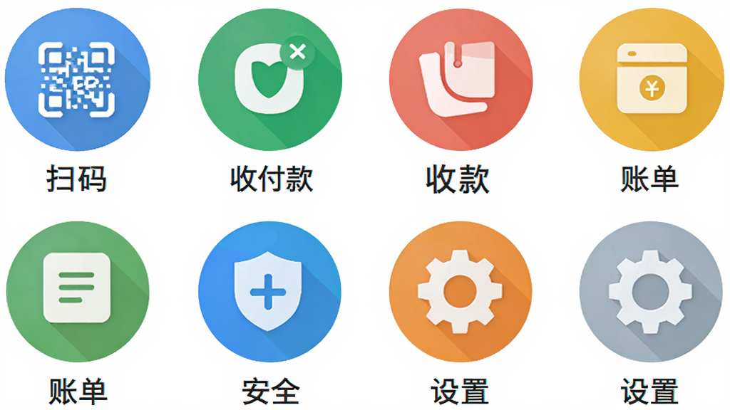 GoǮ��Ӧ�ù���ͼ�꼯��ͼ������չʾɨ�롢�ո���˵�����ȫ�����õ�Բ��ͼ�����У�ÿ��ͼ���·������ı�ǩ��������ɫ��ͼ��ɫ����������ƽ������Ű����룬���廭��