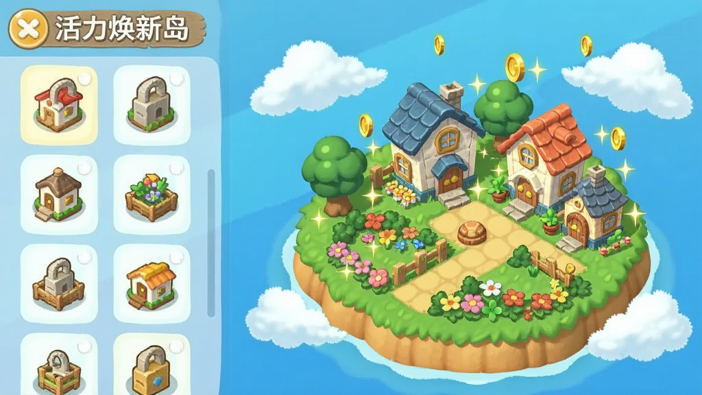 ����չʾ���������µ�����Ϸ�еĵ��콨����棬����Ϊһ�����������еĿ�ͨС�������ֲ������ҷ���������Ǵ������Ľ���ͼ�꣬�Ҳ����ѽ��ɵĲ�ɫ���ݺͻ�԰���Ű����������Ϊ����ϵ�ֻ�磬ϸ�ڰ���Ʈ�����ƶ����˸�Ľ����Ч�����ʸɾ������޶���Ԫ�ء�