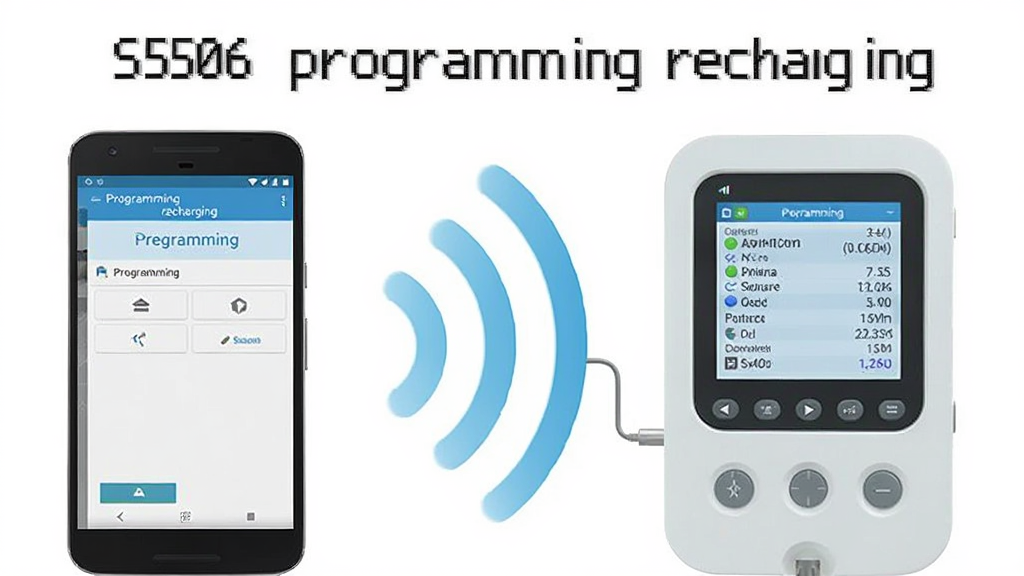 ����Ϊһ����׿�ֻ���һ��ҽ���豸ͨ�������ź����ӣ��ֻ���Ļ��ʾS506 programming recharging�������棬�豸��Ļ��ʾ�������ݣ�����Ϊ�ֻ������豸���ң��м��û��������źŲ������ӣ��Ű����Ҿ��⣻���Ϊ��ƽ���Ƽ��廭��ϸ�����źŲ���Ϊ����ɫ������Ϊ��ɫ�������д���
