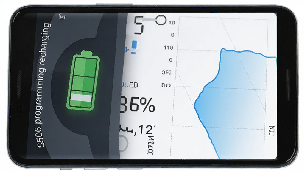 ����Ϊ��׿�ֻ���ʾS506 programming recharging�ĳ���ؽ��棬�������е��ͼ�ꡢ�����ٷֱȡ�������ѹ��ֵ�ͳ������ͼ������Ϊ�ֻ��������У�����Ԫ�ش��ϵ����������У��Ű��������򣻷��Ϊ�ִ���Լ���ݿ��ӻ����ϸ���ϵ��ͼ��Ϊ��ɫ������ͼ����ɫ���䣬��Ļ�����ְ���