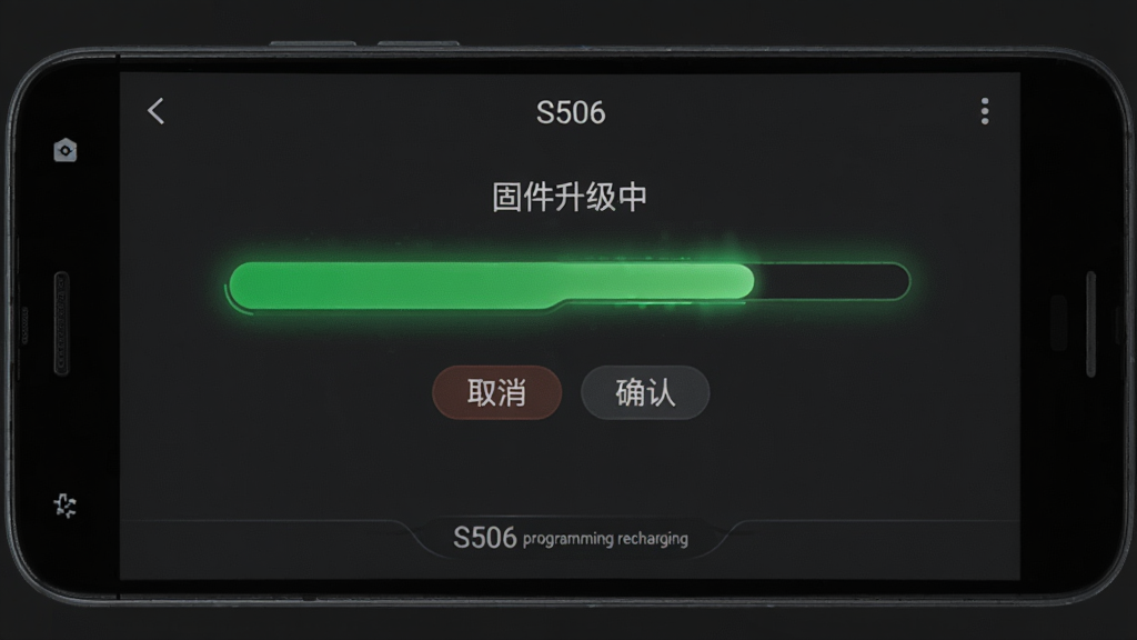 ����Ϊ��׿�ֻ���Ļ��ʾS506 programming recharging�̼��������Ƚ��棬������Ϊ��ɫ���·���ȡ����ȷ�ϰ�ť������Ϊ�ֻ����У�����Ϊ���ɫ���Ű��ࣻ���Ϊ�Ƽ��а�ɫUI��ϸ���Ͻ������з���Ч������Ļ�Ϸ���