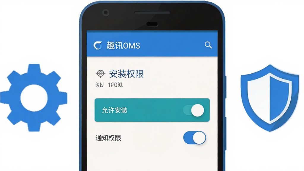 һ����׿�ֻ�չʾ��ȤѶOMS���İ�װȨ�����ý��棬��Ļ���С�������װ���͡�֪ͨȨ�ޡ��Ŀ��ذ�ť���ֻ��Ա��г���ͼ��Ͷ���ͼ�꣬������Ϊ���ĿƼ���ƽ�廭����ɫ����ɫ�Ͱ�ɫΪ�����������������ʸ��壬�ɾ��޶���Ԫ��