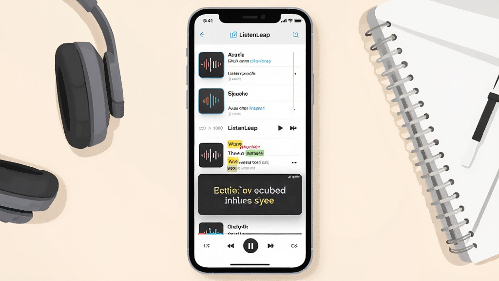 һ��չʾListenLeap������������ֲ�ͼ������Ϊһ�������ֻ�����Ļ��ʾӢ�ﲥ�Ͳ����б���˫����Ļѧϰ���棬����Ϊ�ֻ����з�����ǳɫ�����ϣ��Ա��ж����ͱʼǱ����Ű������������Ϊ�ִ���ƽ���Ƽ��磬ϸ�ڰ�����Ļ�ϵ�����ͼ��͵��ʸ�����ǣ����ʸ��壬�ɾ����޶���Ԫ�أ�����������ΪӢ�ġ�ListenLeap��
