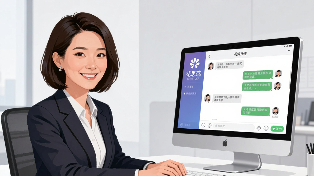 ��������Ϊһλ����ְҵװ��Ů�Թ������ڵ���ǰ�����΢Ц��������Ļ��ʾ��˼��APP��������ѯ������棬���ֲ������ַ���ͼ������λ����࣬��Ļλ���Ҳ࣬���Ϊдʵ����廭��ϸ������������С���˼�𡱱�ʶ�ͶԻ����ݣ�����Ϊ����ǳ��ɫ�칫�ң����ʸ��壬�ɾ����޶���Ԫ��