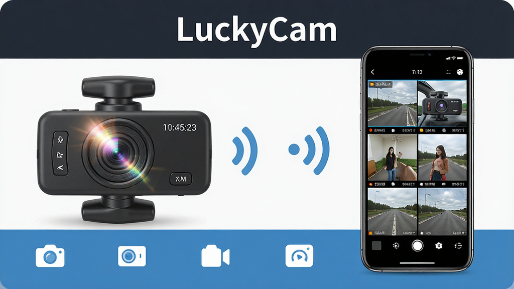 һ��չʾLuckyCam�г���¼���ֻ�Ӧ�ý���ĺ�溣����������һ�������ֻ���һ̨�г���¼��ͨ��WiFi�ź�ͼ�����ӣ��ֻ���Ļ��ʾʵʱ¼����Ͷ๬��طŽ��棬����Ϊ����¼���豸�Ҳ��ֻ���Ļ���Ű�������·ֲ�ṹ�Ϸ�ΪƷ������