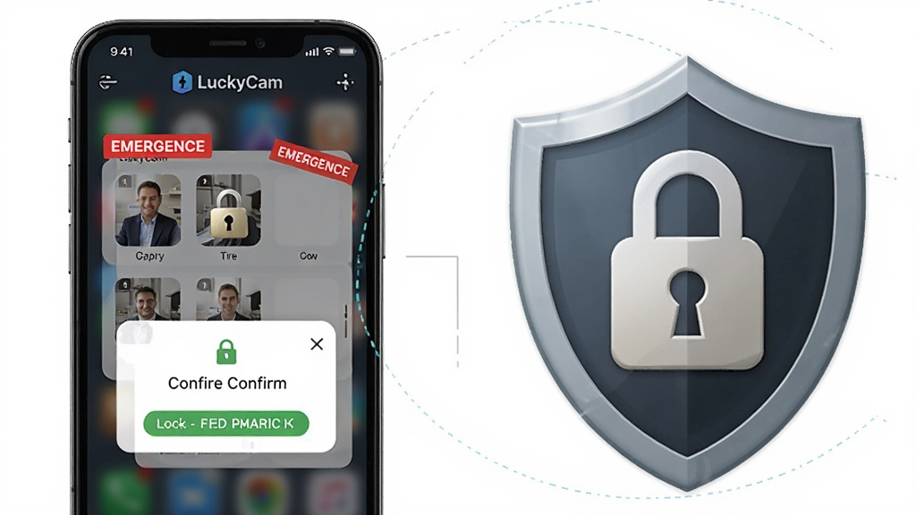һ��չʾLuckyCam�ֻ�App������Ƶ�������ܵĺ��ʾ��ͼ���������ֻ���Ļ��ʾ����¼���ļ��к�����ͼ�꣬����Ϊ����ֻ��Ҳ����ζ���ͼ�Σ��Ű�������ҶԱȽṹ�����Ϊ�Ƽ���ȫ���ϸ�ڰ�����ɫ������ǩ��