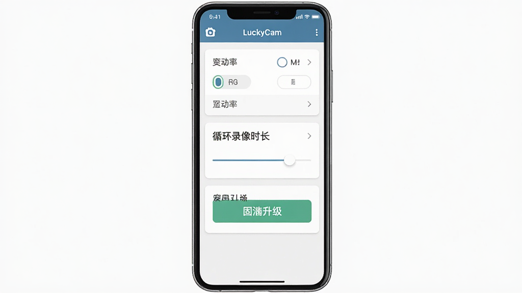 һ��չʾLuckyCam�ֻ�App�豸����ҳ������湦��ͼ���������ֻ���Ļ��ʾ���ò˵��б�������Ϊ�ֻ����У��Ű���÷��鿨Ƭʽ���֣����Ϊ��Լ�����ƽ���ϸ�ڰ����ֱ���ѡ�ѭ��¼��ʱ�����顢�̼�������ť��