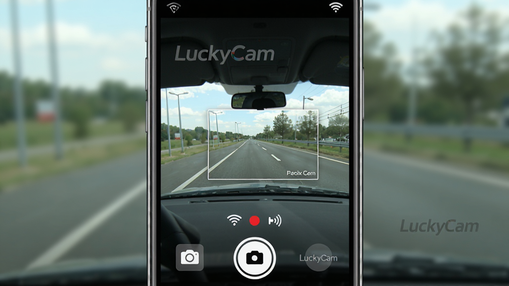 һ��չʾLuckyCam�ֻ�AppʵʱԤ�����ܵ��������ͼ���������ֻ���Ļ��ʾ�г���¼��ǰ����·ʵʱ���棬����Ϊ�ֻ����з��ã��Ű������Ļ�ڻ��л��ṹ�����Ϊ�ִ�UI��Ʒ��ϸ�ڰ�����Ļ�ײ������հ�ť��¼��״̬��㡢WiFi����ͼ���