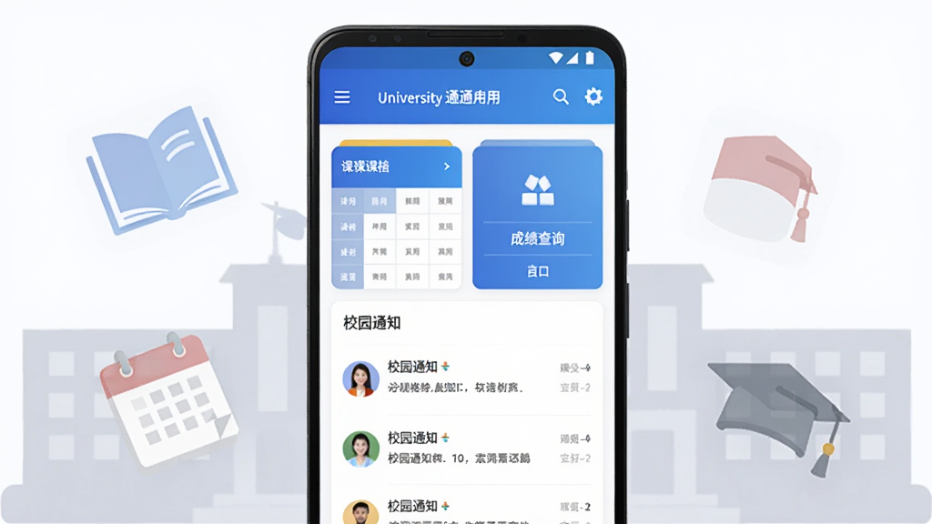 ����������һ��������׿�ֻ�����Ļ��ʾ��ѧͨӦ����ҳ��ҳ�涥��Ϊ��ɫ���䵼�������·��������пα���Ƭ���ɼ���ѯ��ڡ�У԰֪ͨ�б����ֻ�����Ư�����鱾����������ҵñ�Ȱ�͸��ͼ�꣬����Ϊǳ��ɫУ԰������Ӱ��������ñ�ƽ��UI�����ɫ������Ϊ����������;��ȣ�����ɾ����࣬�޶���װ��Ԫ�أ����廭�ʣ��ʺ���������վչʾ