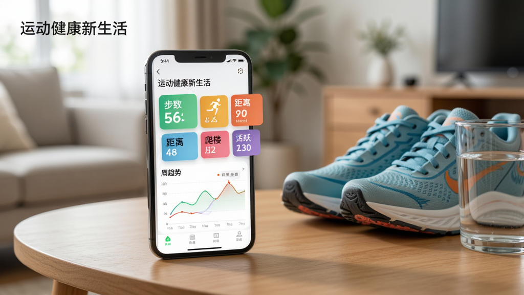 �˶������������˶����ݼ�¼����չʾͼ��������һ���ֻ�������ľ�������ϣ���Ļ��ʾ�˶�����������APP�����˶�����ҳ�棬���������롢��¥����Ծʱ�����������Բ�ɫ��Ƭ��ʽ���У���Ƭ�·�������������ͼ���ֻ��Ա߷���һ˫��Ь��һ��ˮ������Ϊ�Ӽһ�����������ͣ����дʵ�����ʸ��壬��ͼ�ɾ��������а������˶��������������