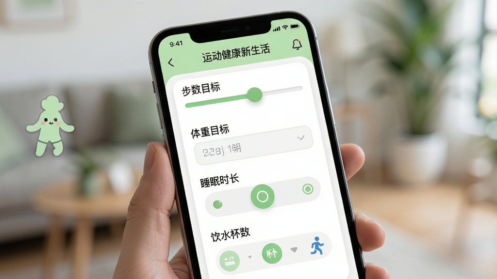 �˶�������������Ի�Ŀ���趨����ͼ������չʾ�ֻ���Ļ��д����Ļ����ʾ�˶�����������APP��Ŀ���趨ҳ�棬��������Ŀ�껬�顢����Ŀ�������˯��ʱ��ѡ��������ˮ����ѡ������������ɫΪ��ɫ��ǳ��ɫ���䣬ͼ��Բ��ɰ��������黯��ͻ����Ļ���ݣ�������ִ��������������������С��˶��������������