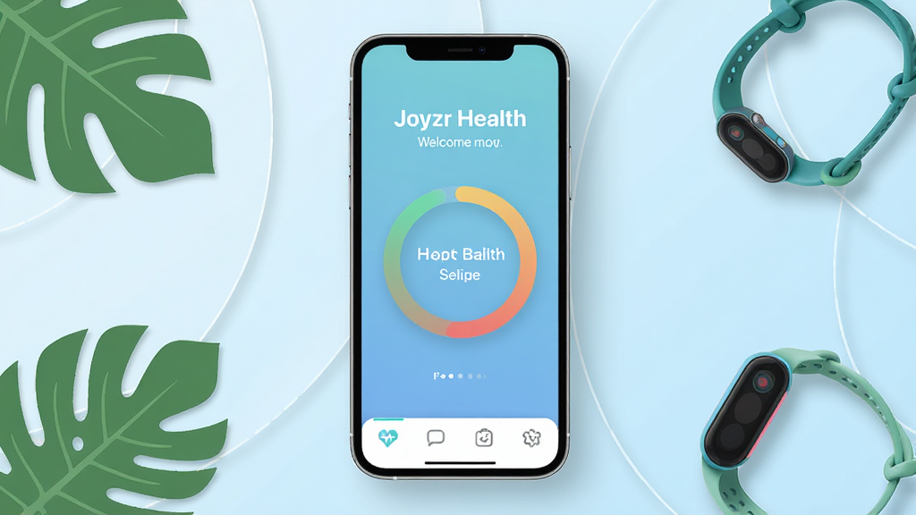 һ��չʾ�����ֻ���Ļ��ͼƬ����Ļ������ʾ��Joyzr Health��Ӧ�������棬���沼�ְ���������ӭ��в�Բ�ν������ֻ����ײ��ĸ�ͼ�굼����������Ϊ����ɫ���䣬�ֻ���Χ�м�Լ����ɫֲ��ҶƬ���˶��ֻ���׺��������¼�Լ��ϸ�����������ʸɾ����޶���Ԫ�أ�4K�ֱ��ʡ�