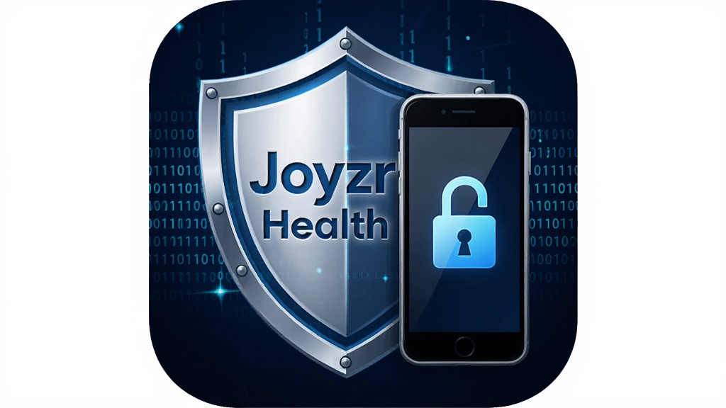 һ��չʾ�������ֻ���ϵ�ͼ��廭��������ӡ�С�Joyzr Health���������ֻ���Ļ��ʾ����ͼ��������Ϊ����ɫ�������н����ʸУ���Χ�ж����ƴ��뻷�ơ����Ƽ���ǿ��ϸ�����������ʸɾ����޶���Ԫ�ء�