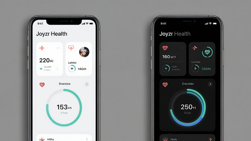 һ��չʾ�ֻ���Ļ�Աȵ�ͼƬ�����Ϊ��Joyzr Health��ǳɫ������棬�Ҳ�Ϊ��ɫ������棬��������ʾ�������ݿ�Ƭ��Բ�ν�����������Ϊ���Ի�ɫ���ֻ���Ե�������Ӱ������Լʱ�У��Ű�Գƣ����ʸɾ����޶���Ԫ�ء�