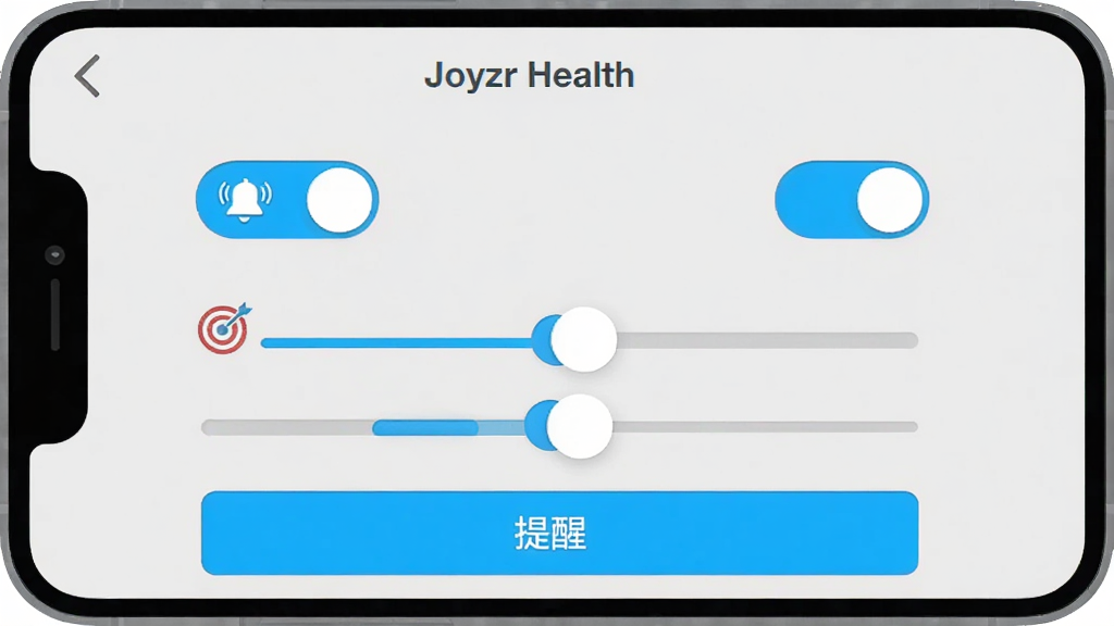 һ�ű�ƽ�������ֻ������ͼ����ʾ��Joyzr Health������������ҳ�棬ҳ�����ж�����ذ�ť�ͻ��飬�Ա��������Ͱ���ͼ�ꡣ���汳��Ϊǳ��ɫ����ťΪ����ɫ�������࣬�Ű������������ˬ�����ʸɾ����޶���Ԫ�ء�